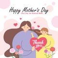 Mother`s Day greeting card - cartoon mother & daughter with carnation flowers