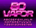 Vapor 80 alphabet font. Glowing 3D retro letters and numbers.