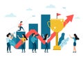 Businessman running up growing graphs to the target with big gold trophy cup and red arrow pointing up, challenge, career Royalty Free Stock Photo