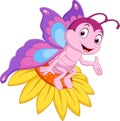 Cartoon funny butterfly sitting on the flower