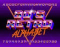 80s Retro alphabet font. 3D retro letters and numbers.