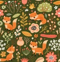 Seamless pattern with foxes and flowers.