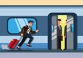 Businessman running to catch train office man with luggage on railway station city public transport. cartoon flat illustration vec