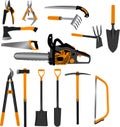 Gardening handle tools set including chainsaw, collection Royalty Free Stock Photo