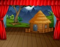 Wooden cottage with landscape on the stage