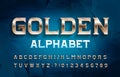 Golden alphabet font. Metal effect serif letters and numbers. Abstract background.