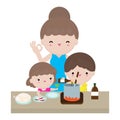 Mother and daughter and son preparing healthy food at home together, mom and children cooking in kitchen, happy Family lifestyle