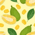 Whole jackfruit, halves, slices and green leaves seamless pattern. Tropical fruits on a yellow background.