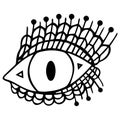 Magic eye with lace and beads on the eyelashes, triangles inside. Elegant black and white mystical vector engraving.