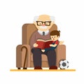Grandparent day, granpa sit in sofa and reading story book to grandchildren. in cartoon flat illustration vector isolated in white