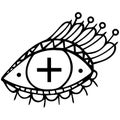 Mystical black and white ornamental all-seeing eye with a Greek cross in the pupil. Isolated hand drawing.