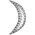 Hand-drawn crescent moon with zentangle ornament. Black and white half of the moon. Isolated heavenly luminary. For coloring book,