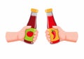 Hand holding tomato sauce and chili bottle, tomato and spicy sauce symbol for food in cartoon flat illustration vector isolated in Royalty Free Stock Photo