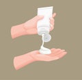 Hand squeezing and pouring cream lotion from product pouch packaging in cartoon realistic illustration editable vector Royalty Free Stock Photo
