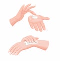 Smear cream hand lotion, cosmetic lotion cream for hand or body on woman hand in two step instruction. realistic cartoon illustrat