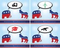 4 illustrations of donkey and elephant representing the Democrat and Republican parties in times of the covid-19 virus