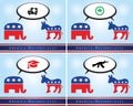 4 illustrations of donkey and elephant representing the Democrat and Republican parties in times of the covid-19 virus