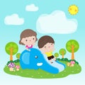 Cute kids having fun on slide in playground, Happy children playing in garden, child activities on the park Template