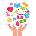 Vector illustration of two hands looking up to make a donation. Suitable for illustration of charity activities