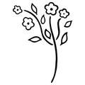 Black and white stylized forget-me-not with four blossoming buds and leaves. Abstract beautiful flowering garden and wild flower.