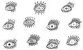 Set of eleven magical all-seeing eyes in black and white. Mystical isolated clip art hand-drawn. Occult collection for esoteric de