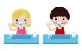 Little boy and girl brushing teeth, Happy Kids Holding Toothbrush  Brushing their Teeth. Vector Illustration on white background. Royalty Free Stock Photo