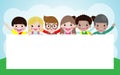 Kids peeping behind placard, happy children, Cute little kids on white background,Vector Illustration. Royalty Free Stock Photo