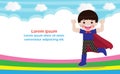 Superhero kid on background,Template for advertising brochure,your text ,Cute little Superhero Children`s, Kids and frame