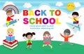 Back to school vector banner design with happy kids, poster background cover book, web, flyer, banner and template. Royalty Free Stock Photo