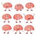 Set of brain cartoon character different expressions