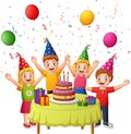 Celebration Children Birthday party with cake, Gift box, confetti and ballon