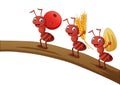 Ant cartoon carrying fruit, oats, and seeds on tree trunk Royalty Free Stock Photo