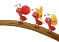 Ant cartoon carrying fruit, oats, and seeds on tree trunk