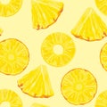 Pineapple slices on yellow background. Seamless pattern with pieces of tropical fruit.