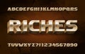 Riches alphabet font. 3d golden letters and numbers. Abstract polygonal background.