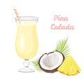Pina colada in glass, piece of pineapple and coconut isolated on white background. Vector illustration Royalty Free Stock Photo