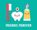 Set of dental care cute cartoon Tooth, toothpaste and toothbrush. Funny characters poster background vector illustration in flat