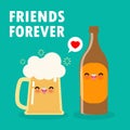 Funny mug of beer and beer bottle cute cartoon characters Happy international beer day poster background vector illustration Royalty Free Stock Photo