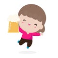 Happy person Holding mug of Beer, cute woman character holds beer mug. Happy international beer day concept isolated Royalty Free Stock Photo