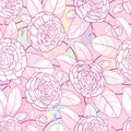 Vector seamless pattern with outline open Camellia flower, bud and ornate leaf in pastel pink on the white background.