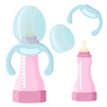 Pink feeding bottle. A set of bottles for milk. Breastfeeding. Blue elements. Vector illustration. Feeding vector. Bottle vector Royalty Free Stock Photo