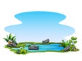 Small pond with green grass on white background illustration