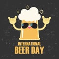 Happy international beer day Funny mug of beer rocker cute cartoon characters poster vintage background vector illustration Royalty Free Stock Photo