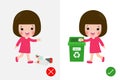 Do not throw littering butts on the floor,wrong and right, female character that tells you the correct behavior to recycle. Royalty Free Stock Photo