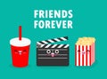 Cute cartoon funny Movie clapper and cola and popcorn, watching a movie, cinema, movies, friends forever Vector Illustration Royalty Free Stock Photo