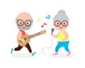 Happy old man playing guitar and old woman singing, Cute senior couple Making Music Performance character cartoon isolated