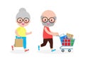 Happy senior couple shopping, old man and old woman with purchases on cart,  cute Elderly Shopping concept, Big sale. Purchasing Royalty Free Stock Photo