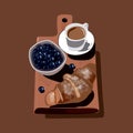 Breakfast foods icon. Croissant, coffee and berries on a wooden board