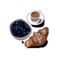 Breakfast foods icon. Croissant, coffee and berries