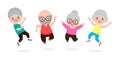 Happy Group of elderly people jumping together, old senior couple jumping cartoon old man and old woman people dancing with joy, Royalty Free Stock Photo